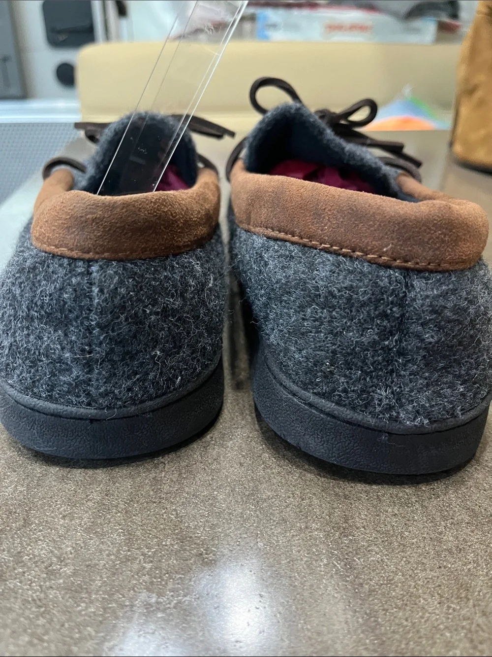 dearfoams Charcoal Gray Wool Slip-On Loafers with Brown Trim, size 7-8